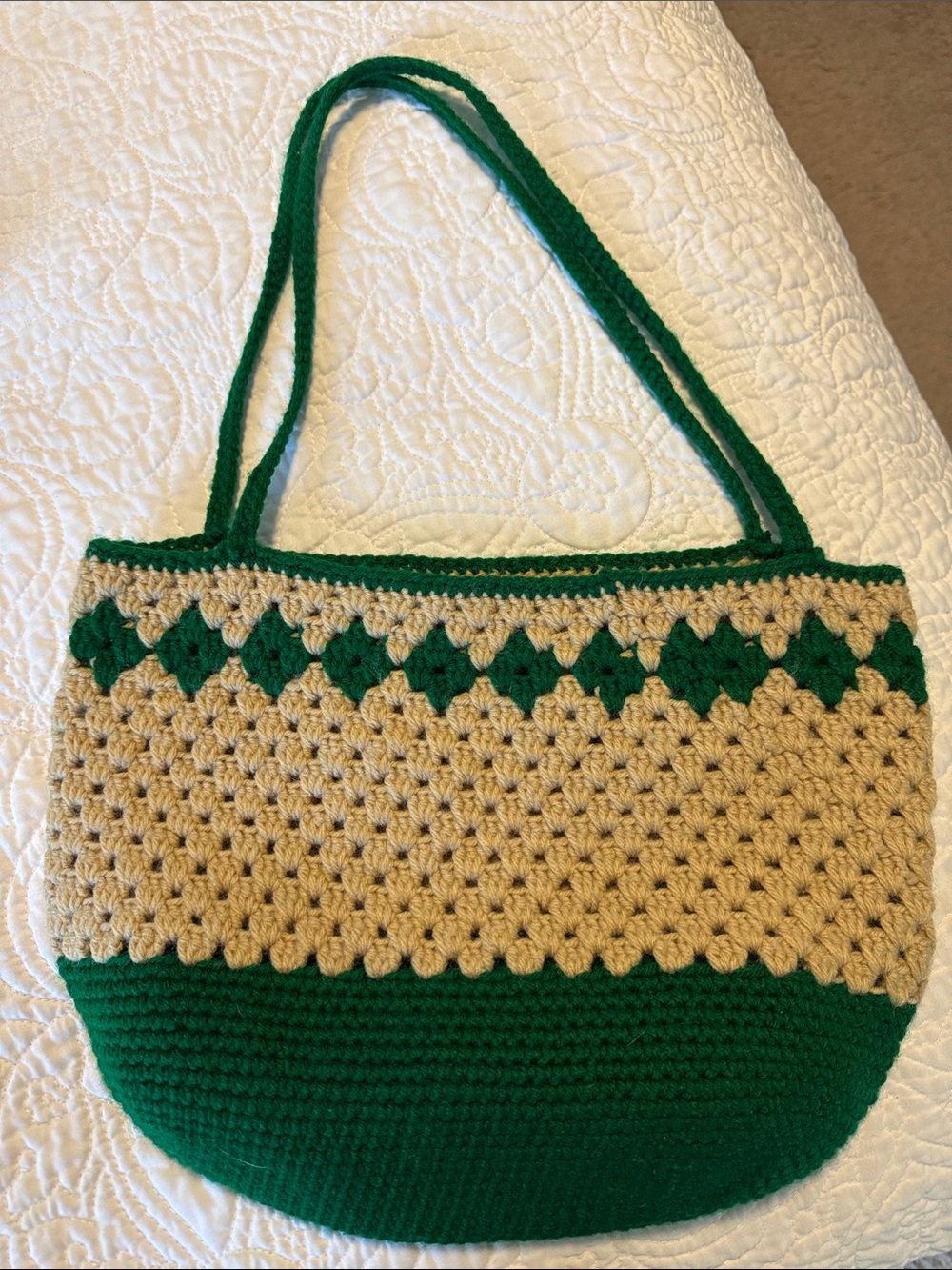 Handmade Green and Beige Crochet Tote Bag